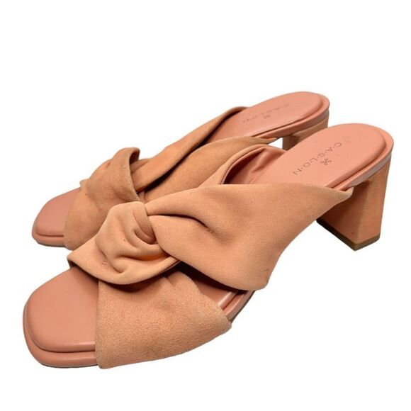 Caslon Sandals Size 7 Coral Suede Leather Crisscross Open Toe Block Heel Slip On - Picture 1 of 11